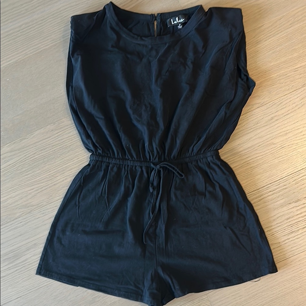 Black Sleeveless Cotton Romper with Padded Shoulders